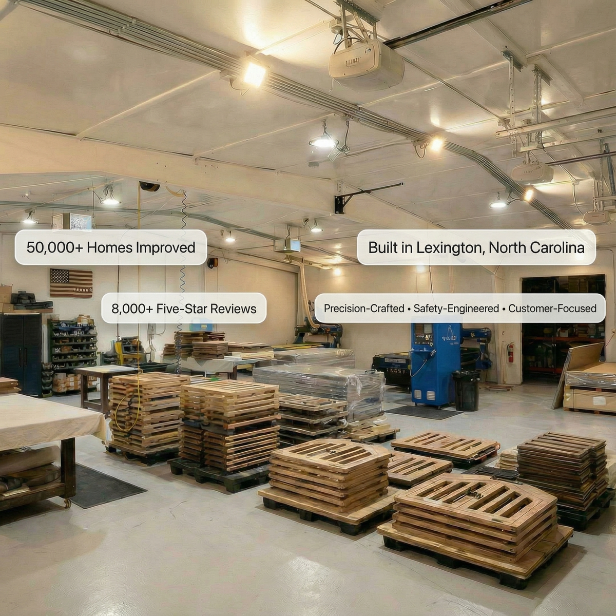 Interior of a warehouse with wooden pallets and text about home improvement and reviews.