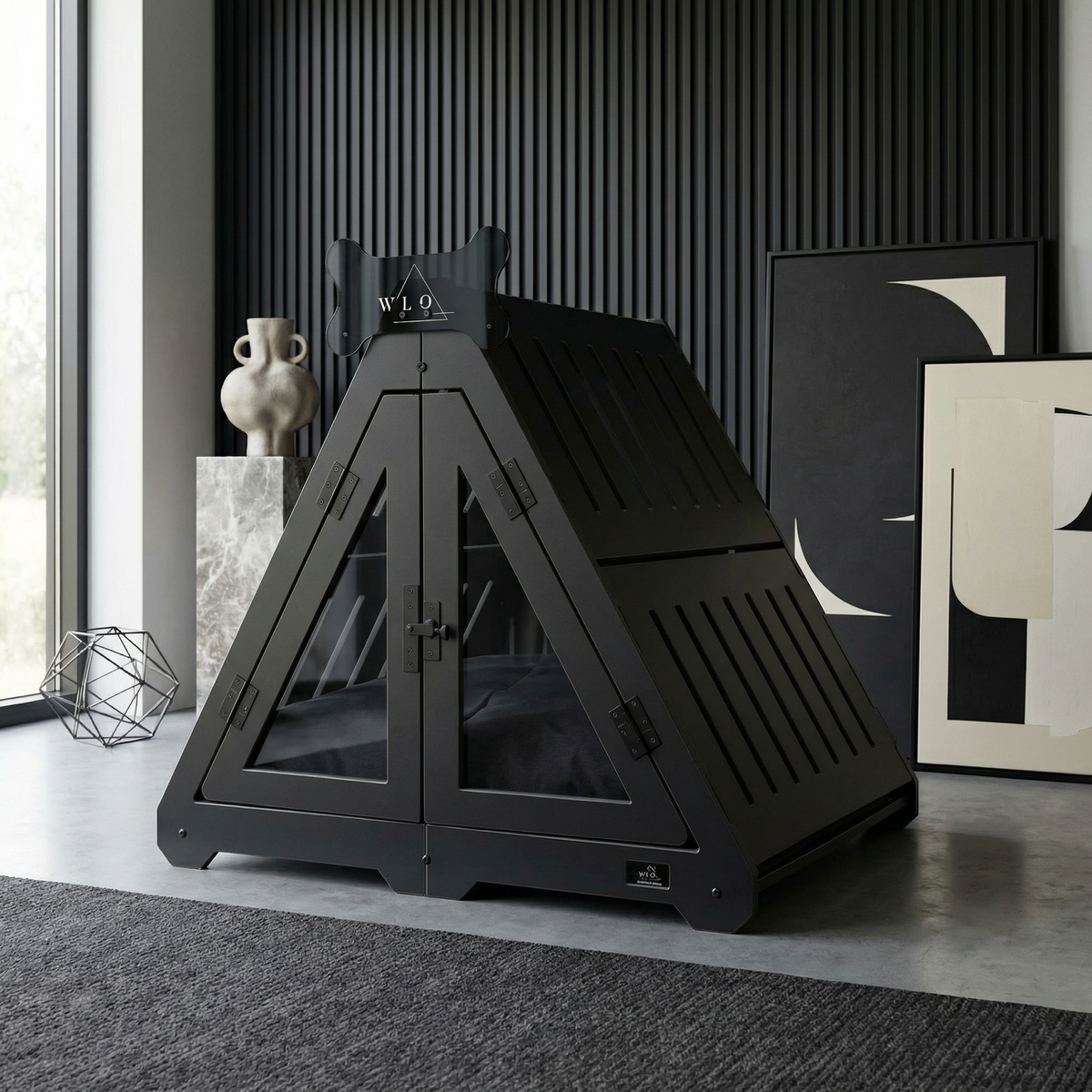 Black pet playpen in a modern room with decor elements