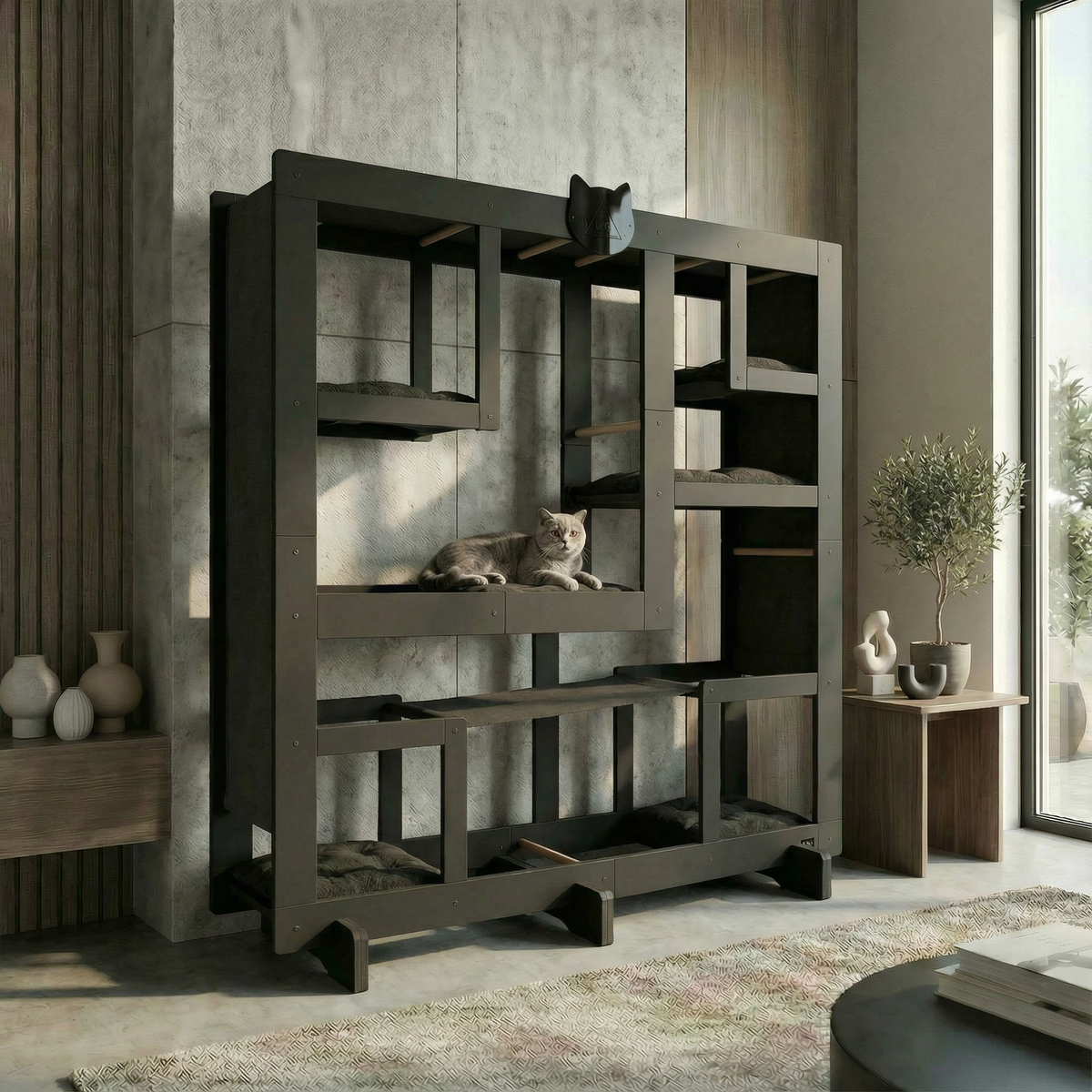 Modern cat tree with multiple levels in a stylish room.
