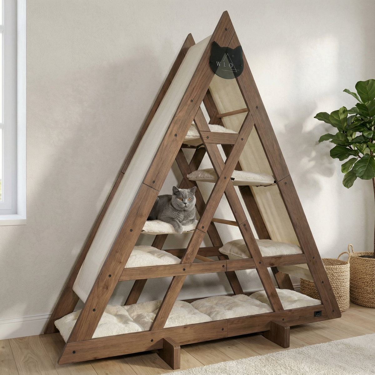 WLO® Classic Walnut Triangle Cat Station | Modular Wall-Mounted Cat Climbing System