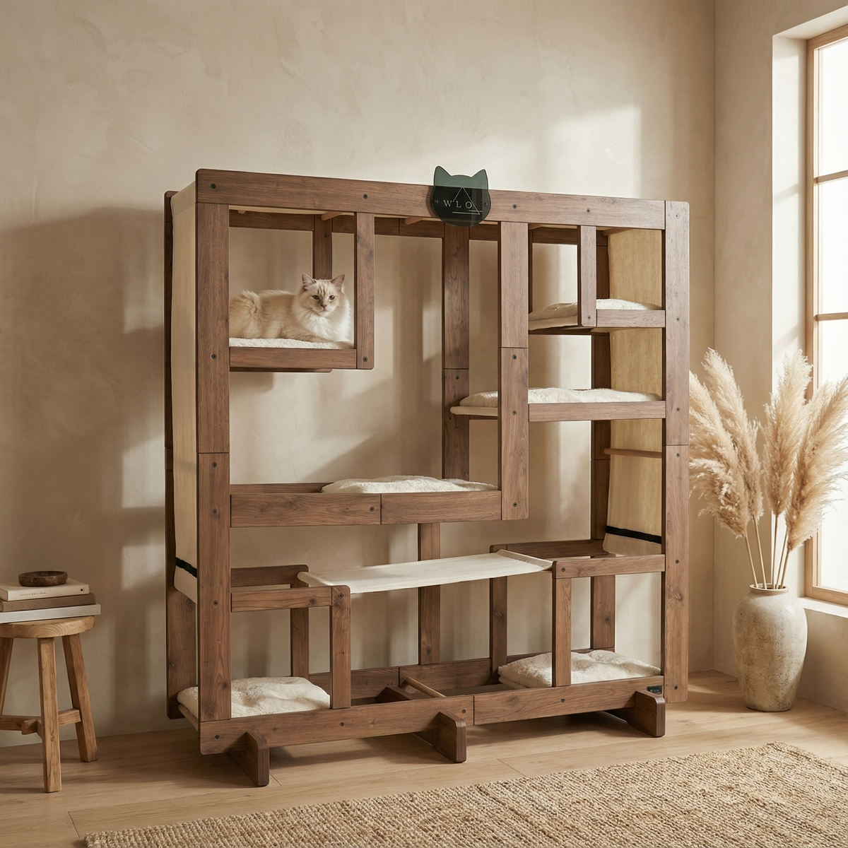 Wooden cat tree with multiple levels and a cat sitting on one of the platforms in a room with a window and plant.