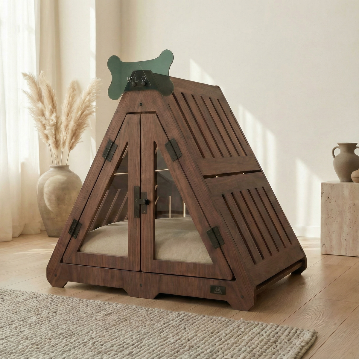 Wooden pet bed with a bone-shaped toy on top in a room setting.