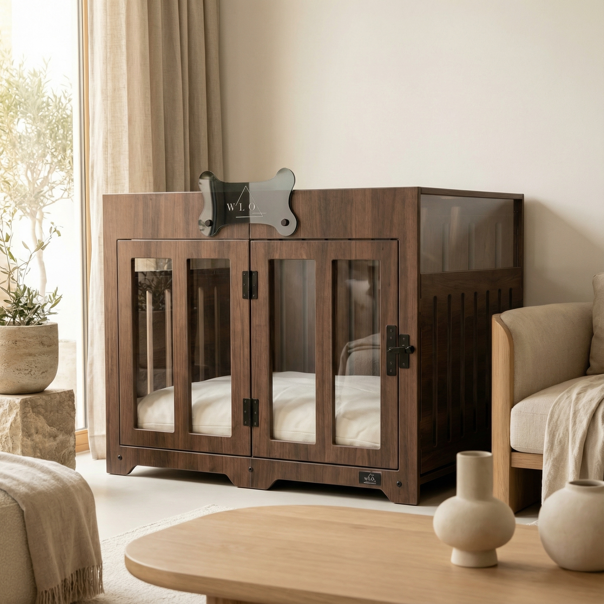 Wooden pet crate with glass doors in a living room setting