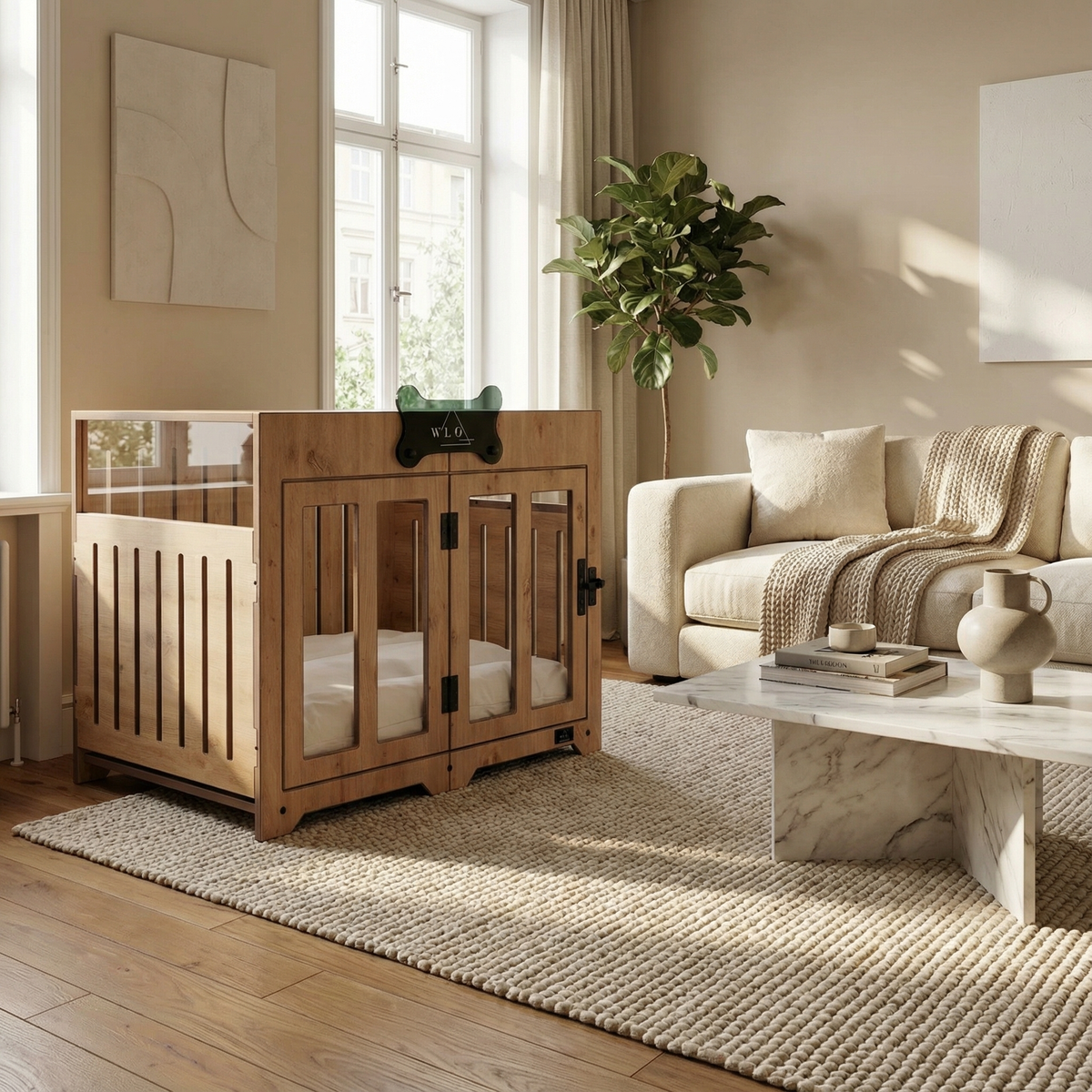 Wooden pet gate in a living room with a sofa and coffee table.