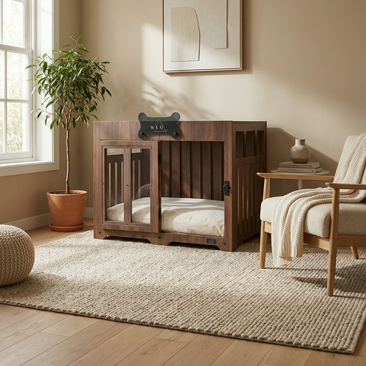 Wooden pet crate in a room with a chair, plant, and rug.