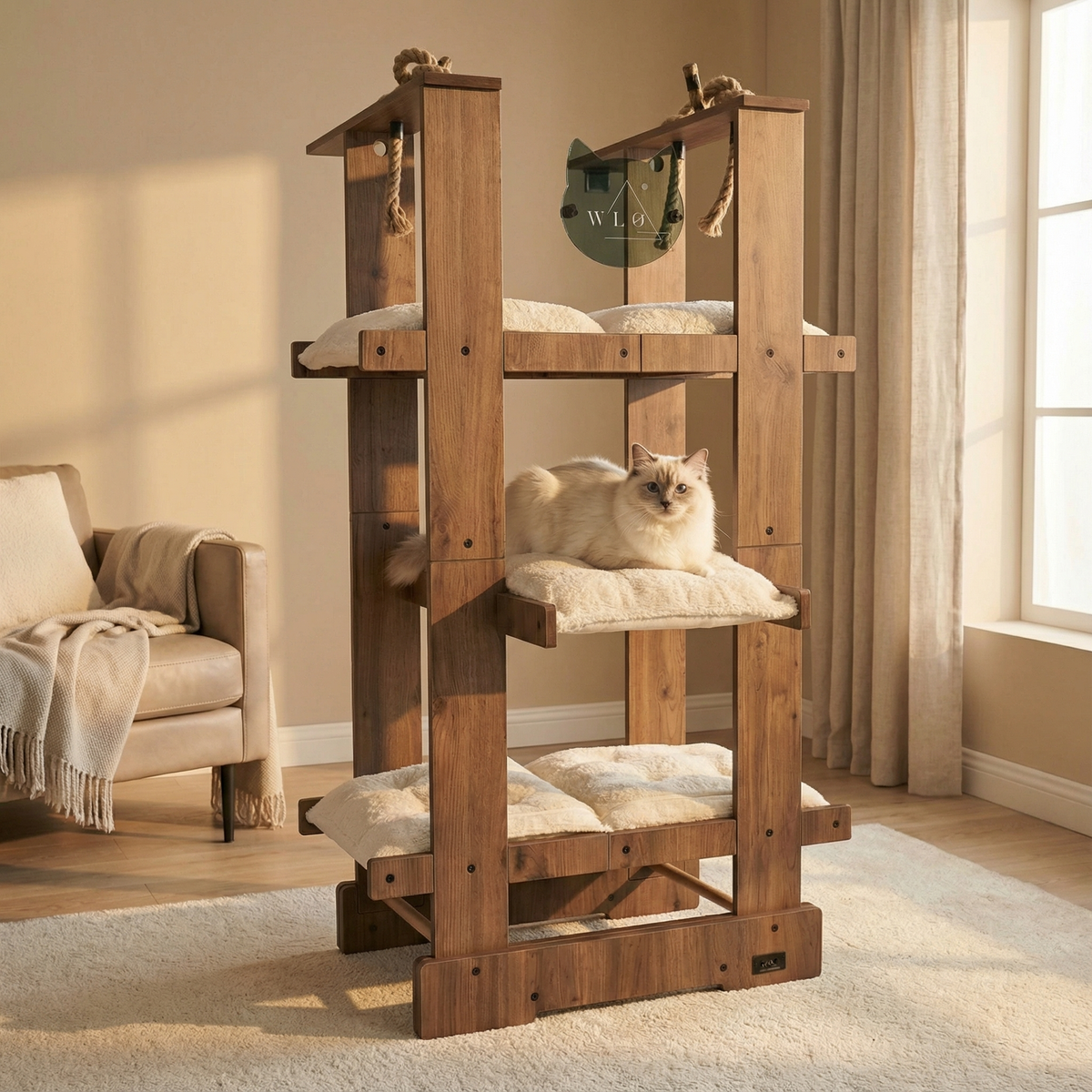 Wooden cat tree with multiple levels and a cat sitting on one of the platforms in a room with a window and chair.