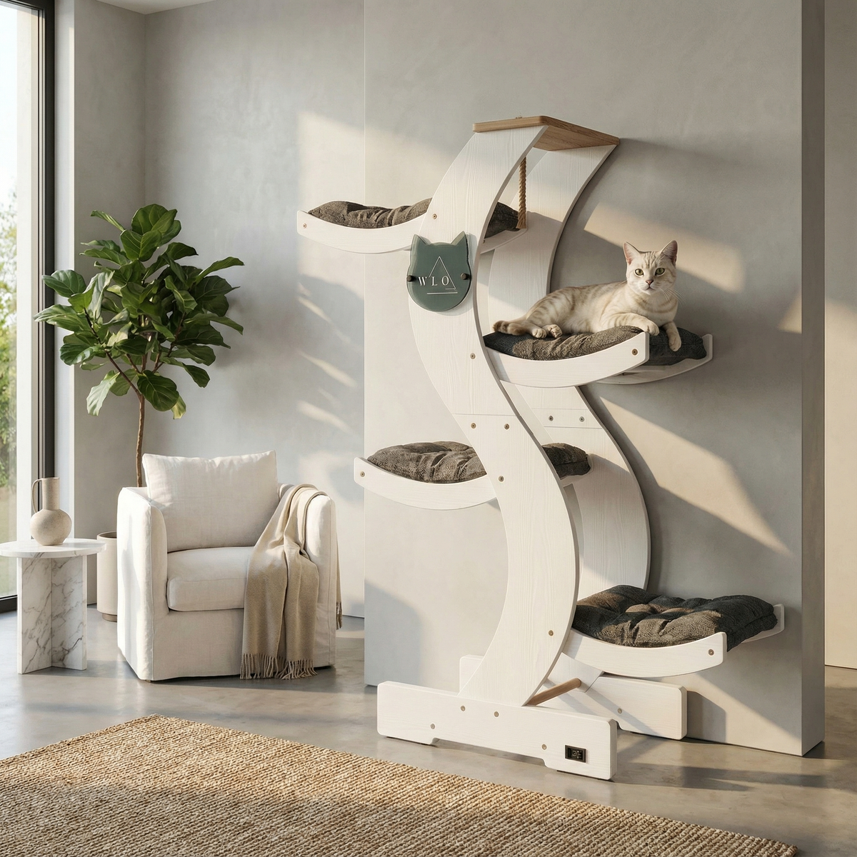 White cat tree with multiple levels and a cat sitting on it in a modern living room.