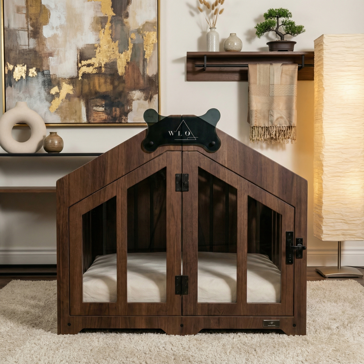 Wooden pet crate with a bed inside, branded 'WLO', in a room setting.