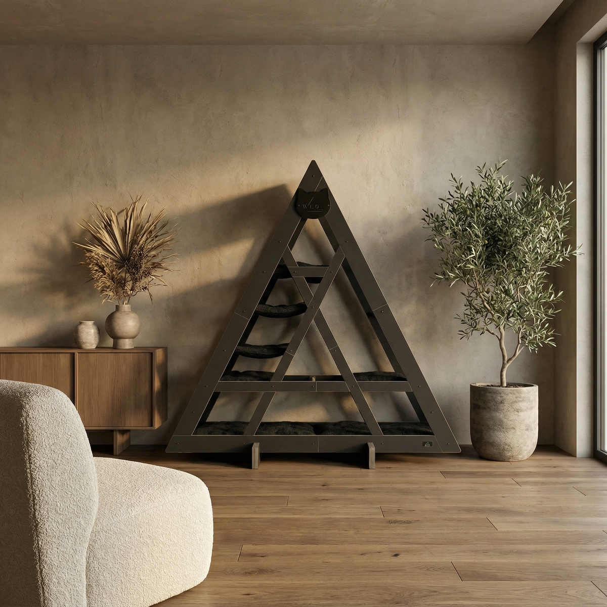 Modern interior with a wooden A-frame shelf, beige armchair, and potted plant.