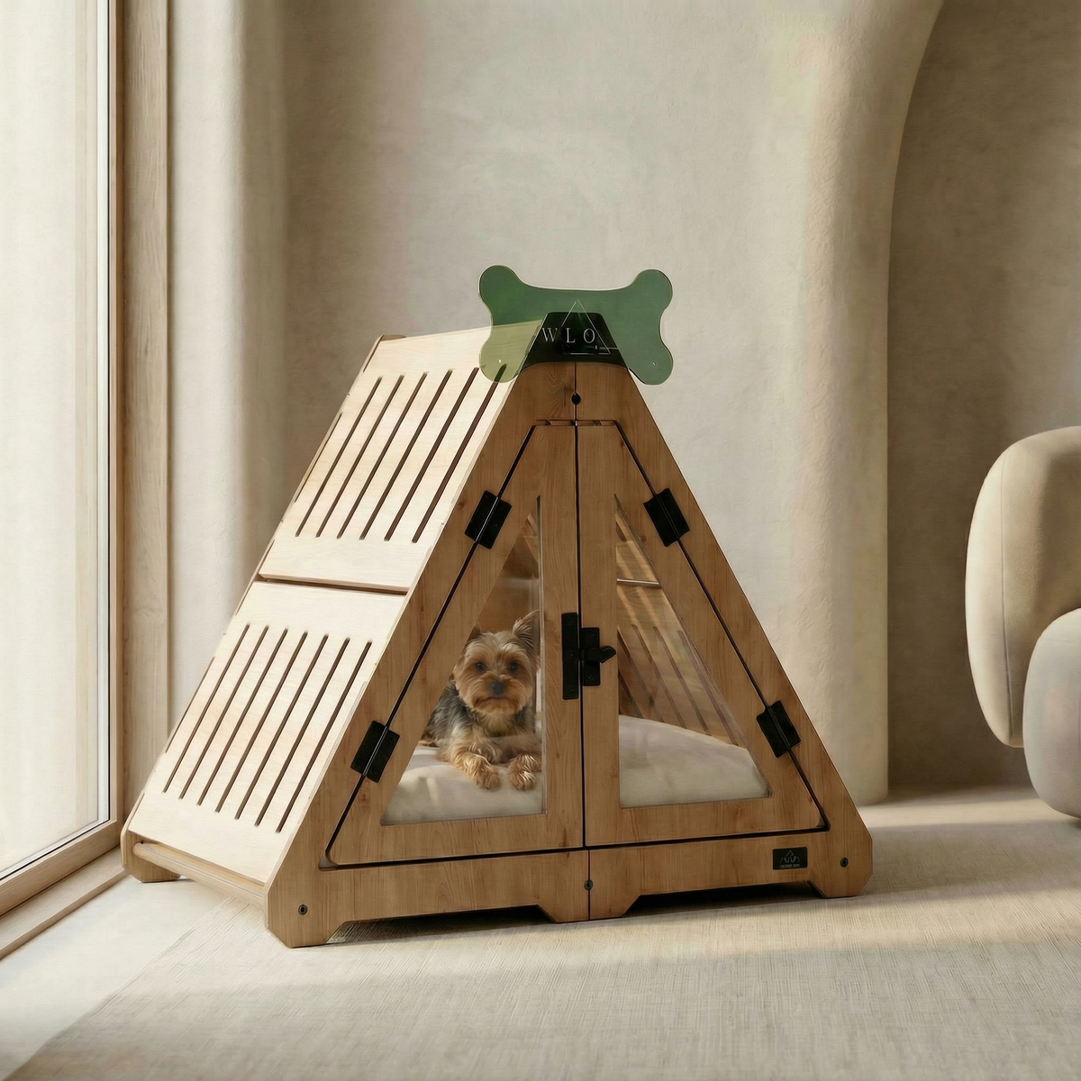 Wooden pet playpen with a dog peeking out in a modern room.