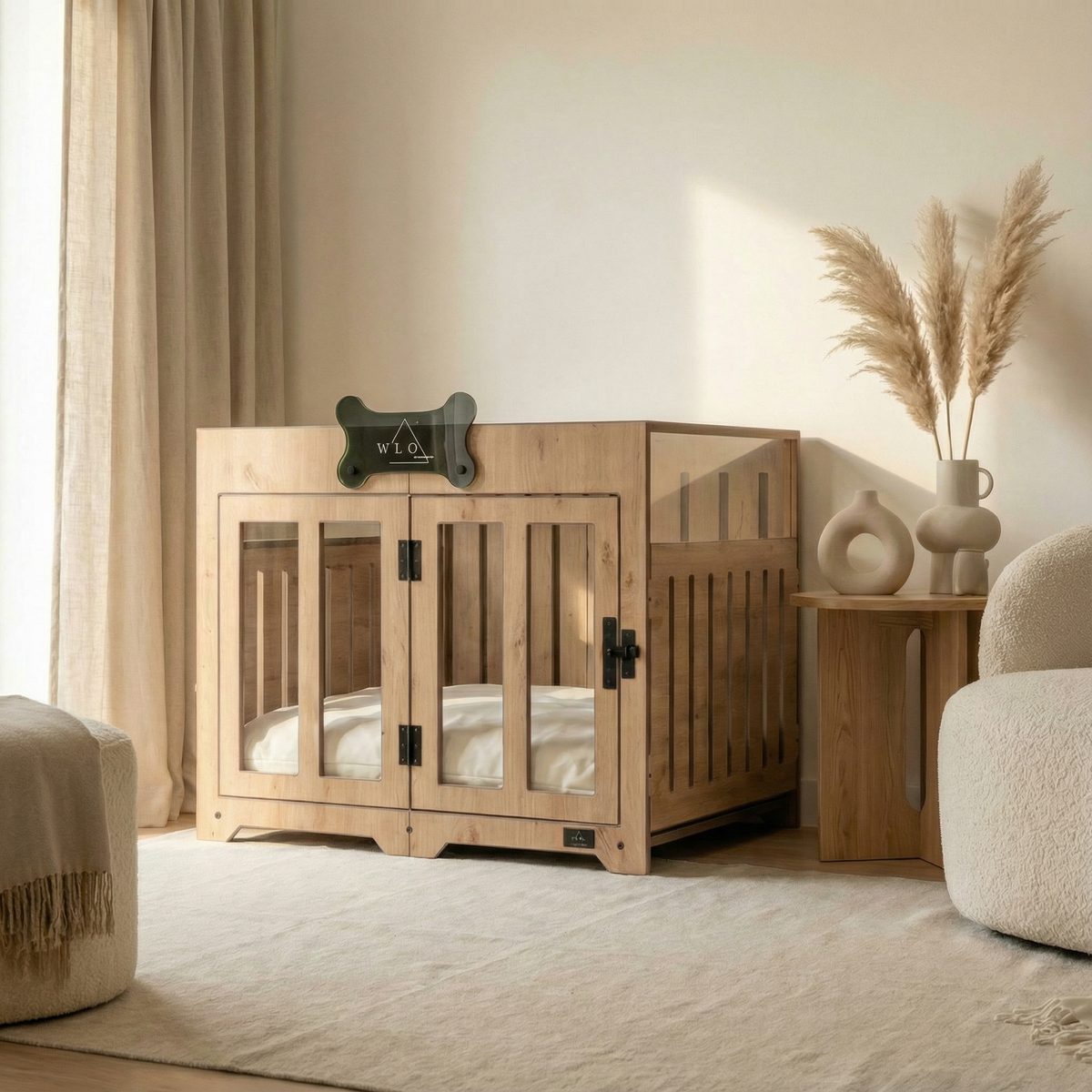 Wooden pet crate in a cozy living room setting with neutral decor.