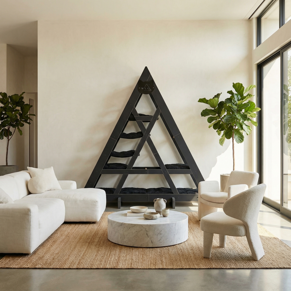 Modern living room with white sofa, marble coffee table, and decorative wall shelf.