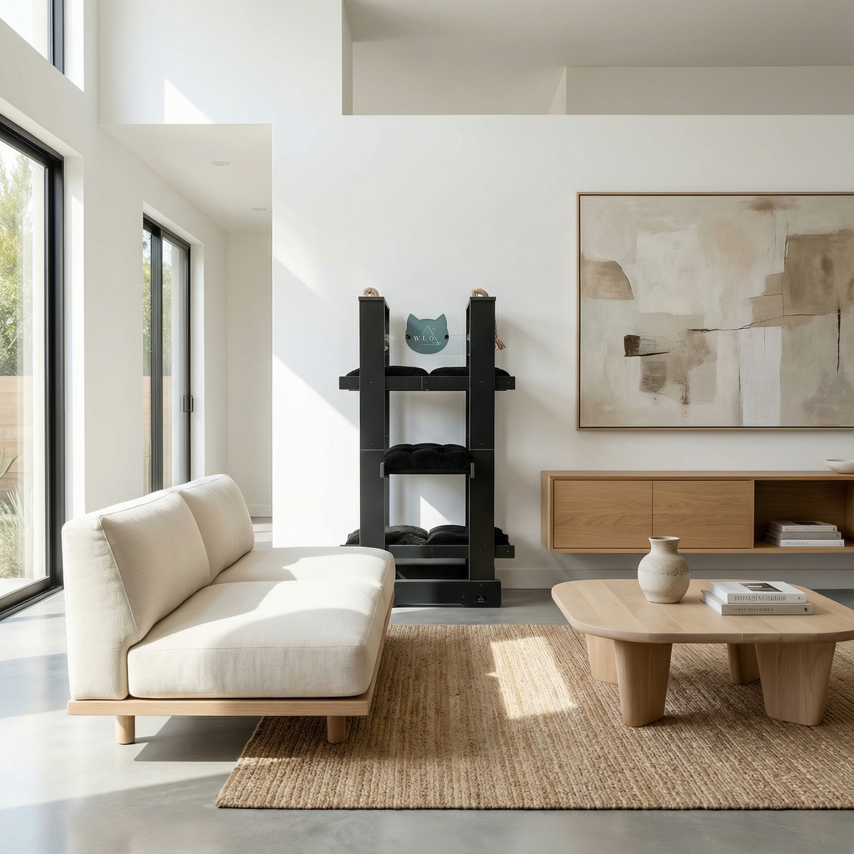 Modern living room with a beige sofa, wooden coffee table, and abstract art on the wall.