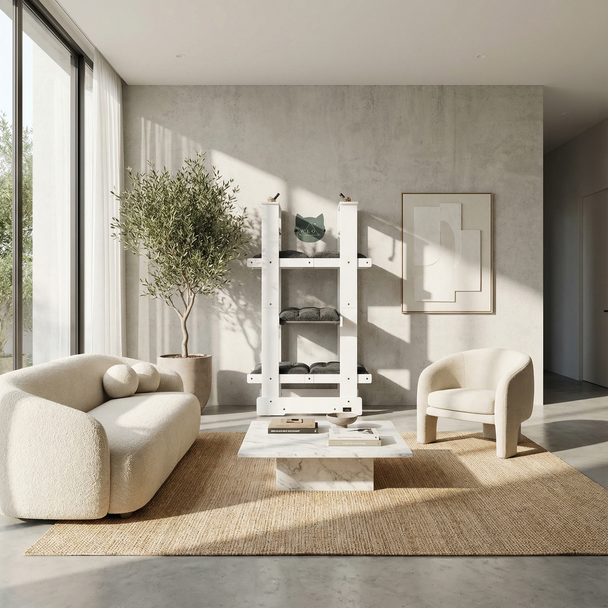 Modern living room with a white sofa, armchair, and decorative shelves.