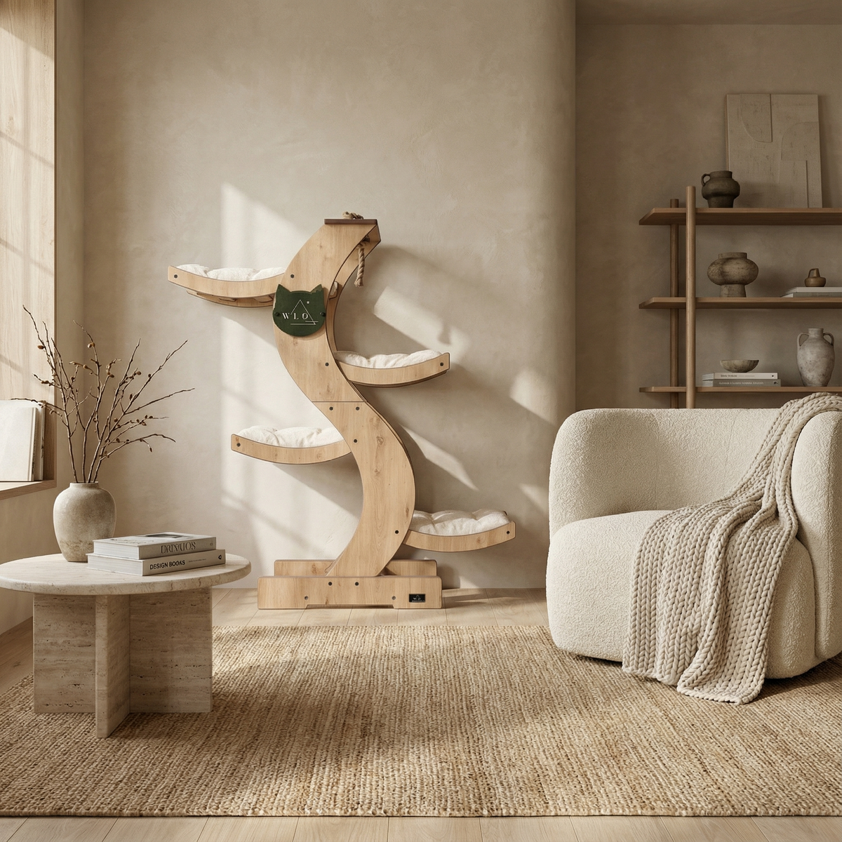 Wooden cat tree in a cozy living room with a beige armchair and decorative items.