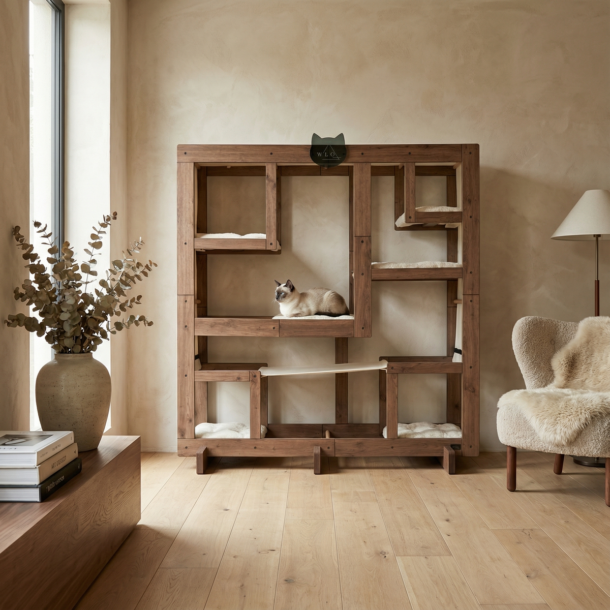 Wooden cat tree with cats in a living room setting
