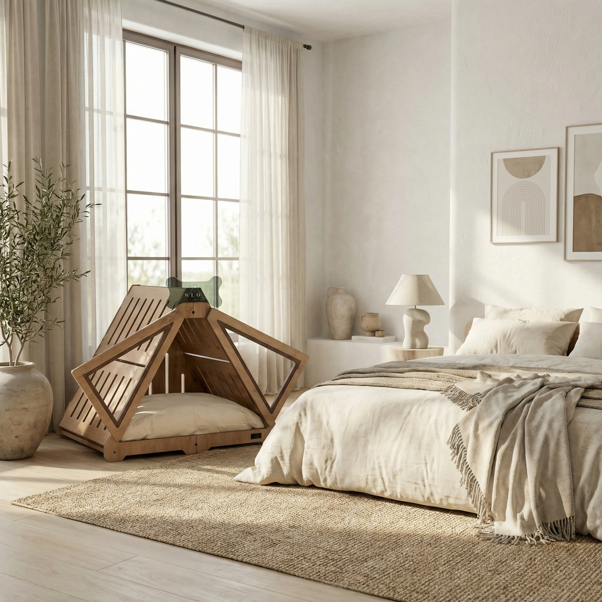 Modern bedroom with wooden chair, bed, and decor elements.