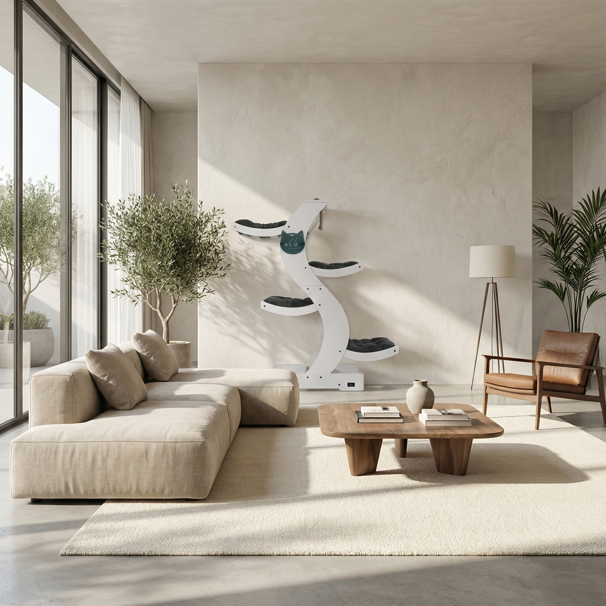 Modern living room with a sectional sofa, coffee table, and cat tree.