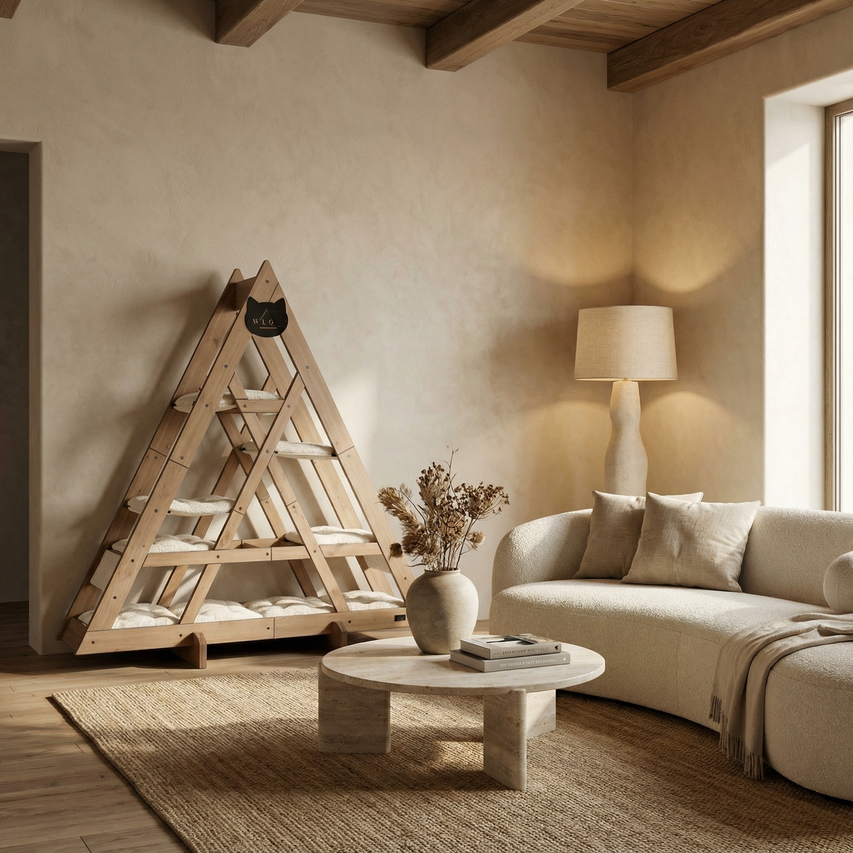 Cozy living room with a wooden teepee, sofa, and lamp.