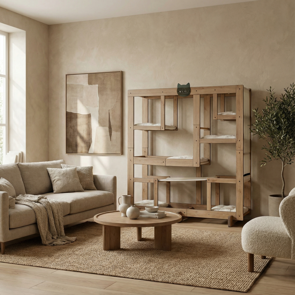 Modern living room with wooden shelves, coffee table, and beige sofa.