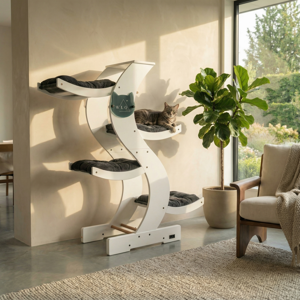 White cat tree with multiple levels in a modern living room.
