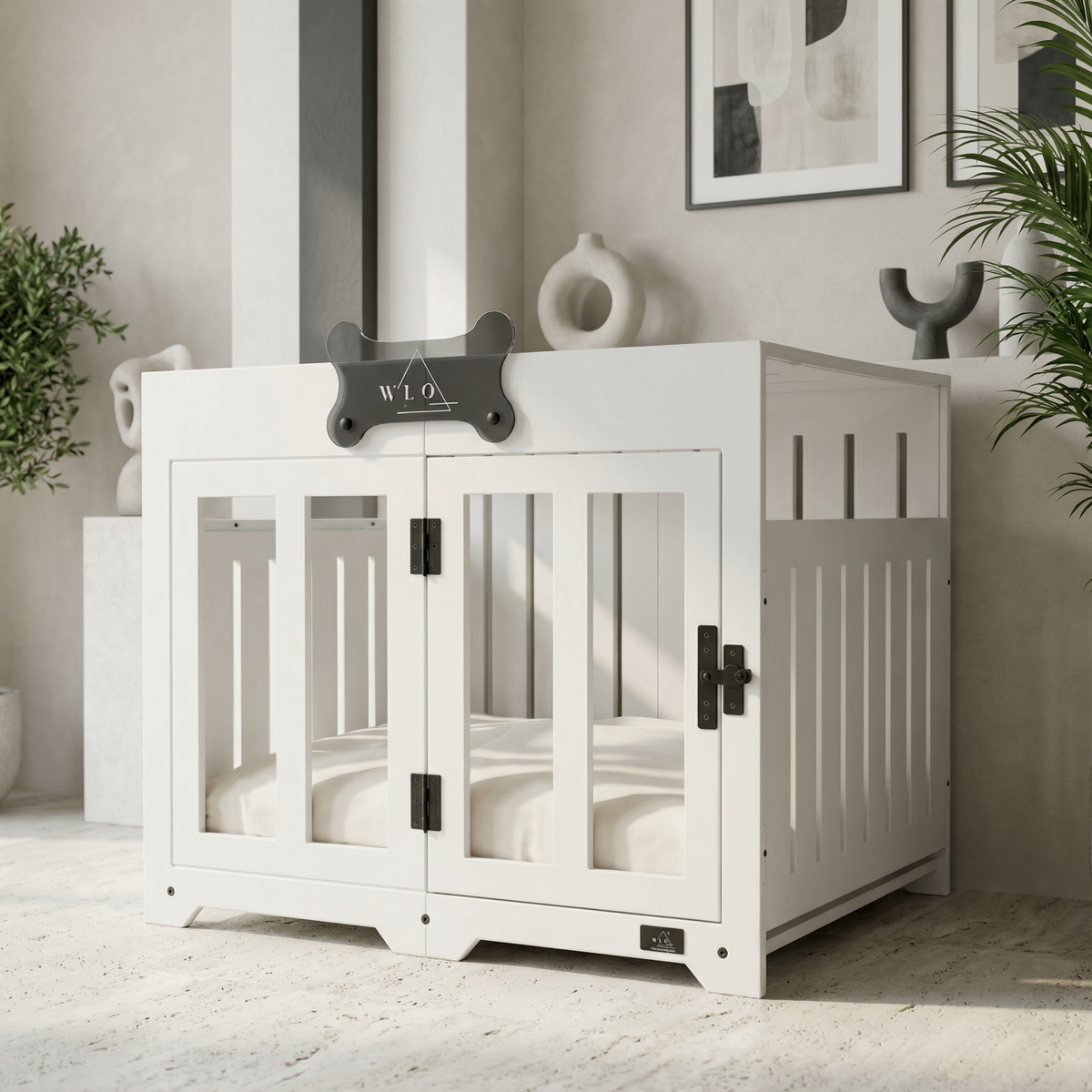 White pet crate with glass doors in a room with plants and decor