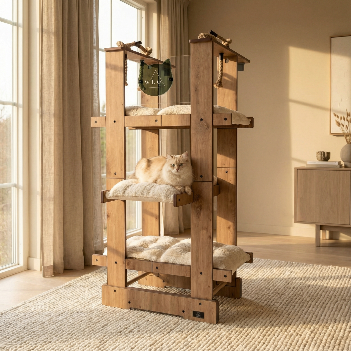 Wooden cat tree with multiple levels and a cat sitting on one of the platforms in a room with large windows and curtains.