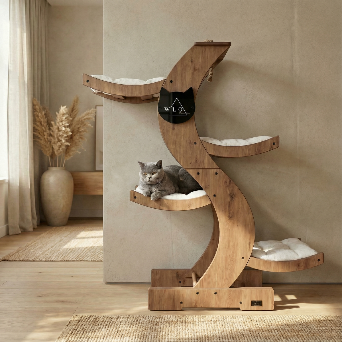 Wooden cat tree with a cat sitting on it in a room with a vase and curtains.