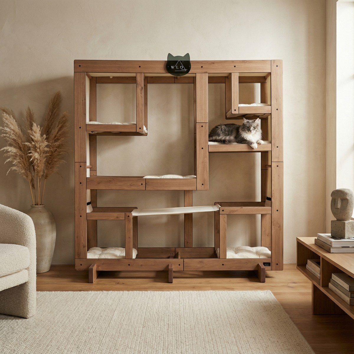Wooden cat tree with multiple levels and a cat sitting on one of the platforms in a room.