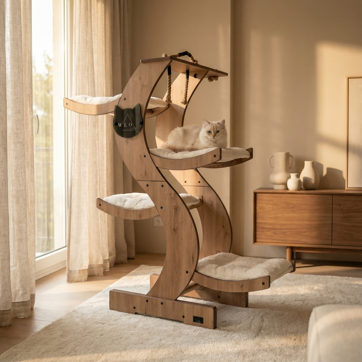 Wooden cat tree with a cat sitting on it in a cozy room.