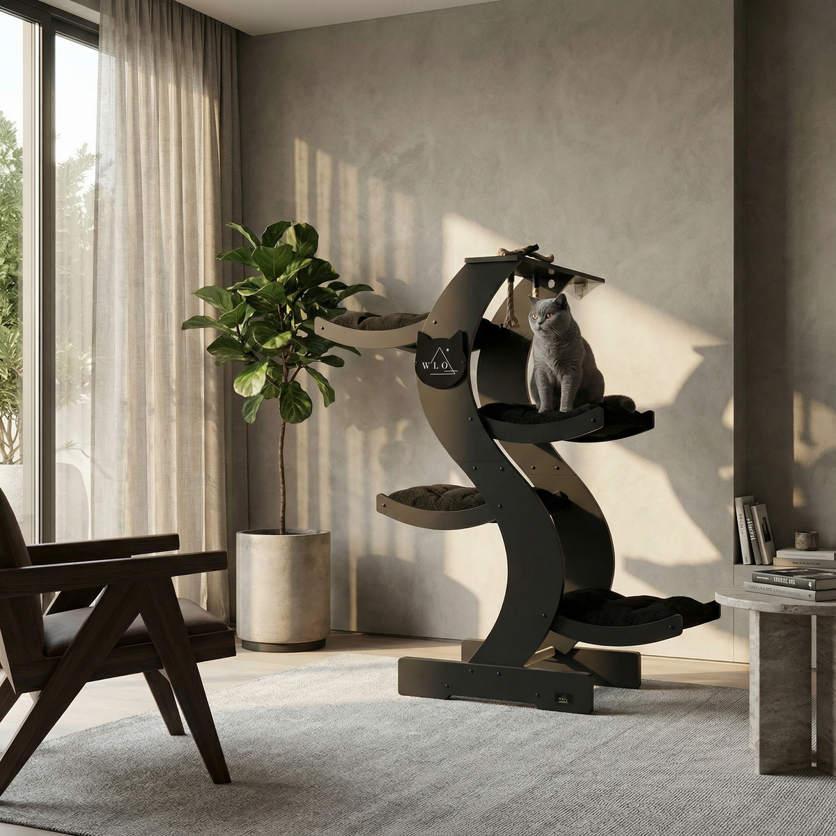 Cat tree with two cats in a modern living room