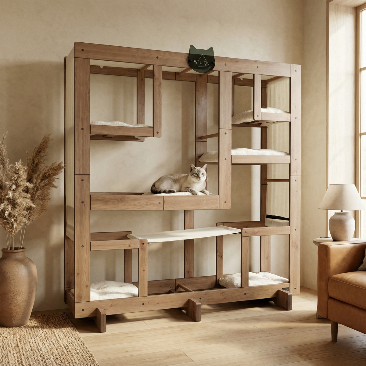 Wooden cat tree with multiple levels in a room with a lamp and vase.
