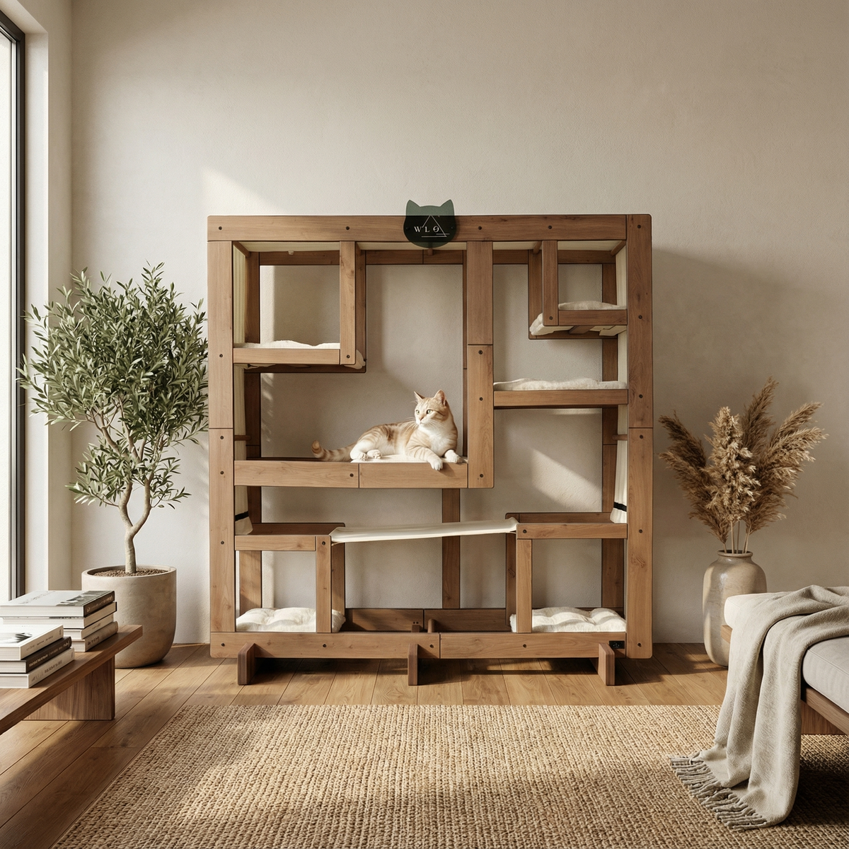 Wooden cat tree with multiple levels in a room with a plant and books.