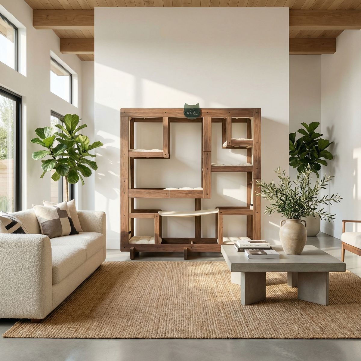 Modern living room with wooden bookshelf, beige sofa, and decorative plants.