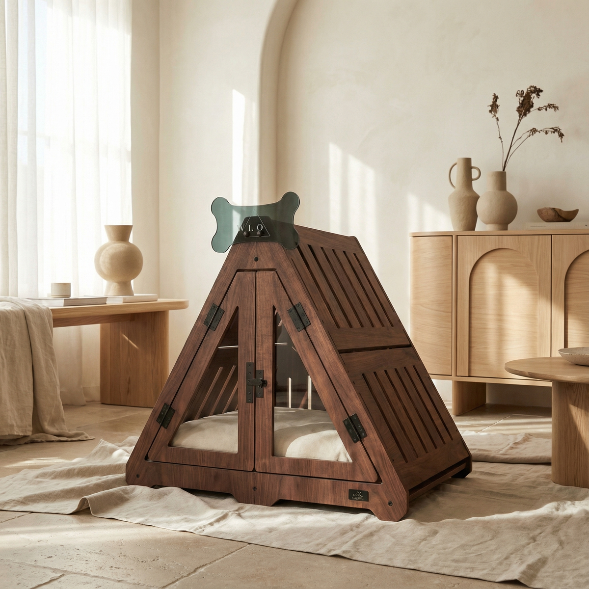 Wooden pet teepee in a cozy room with light-colored walls and wooden furniture.