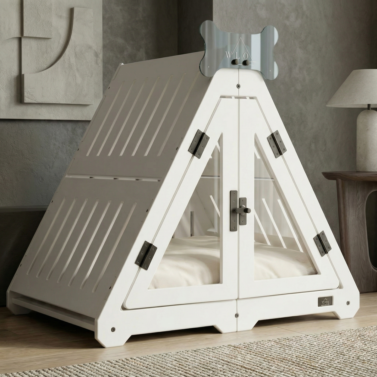White pet bed with triangular design in a room setting