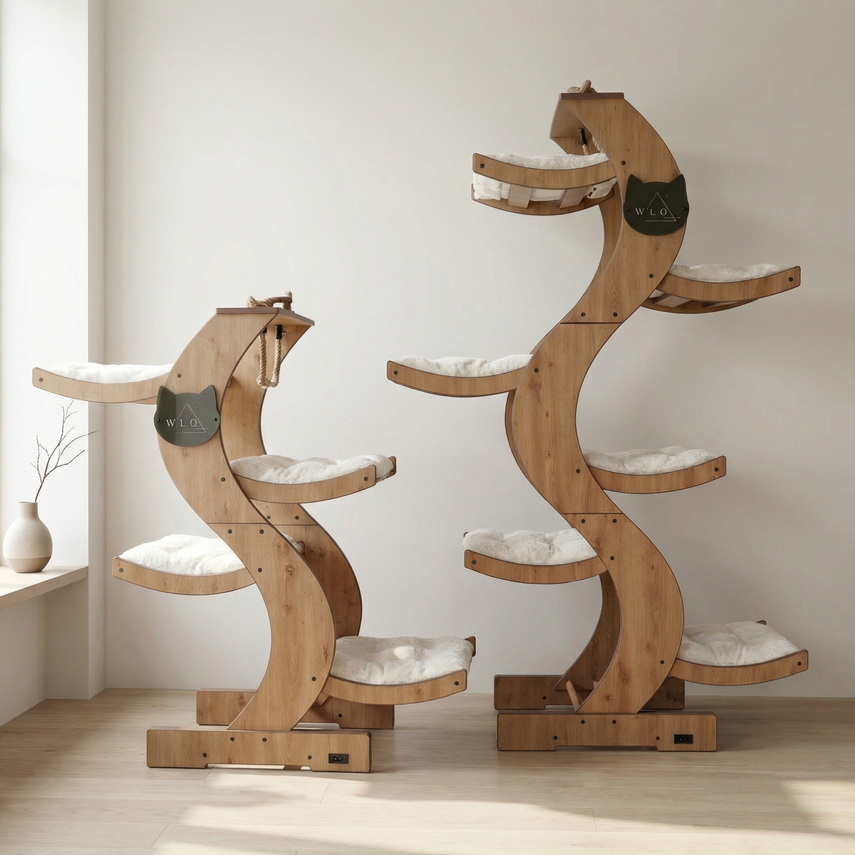 Wooden cat tree with multiple levels and cushions in a room setting.