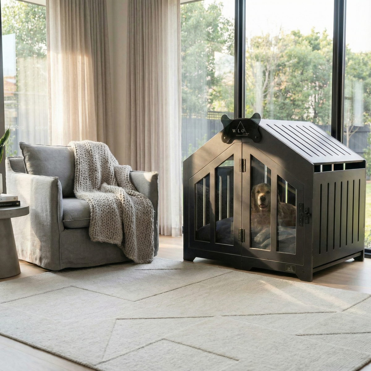 Dog crate in a living room with a gray armchair and large windows.
