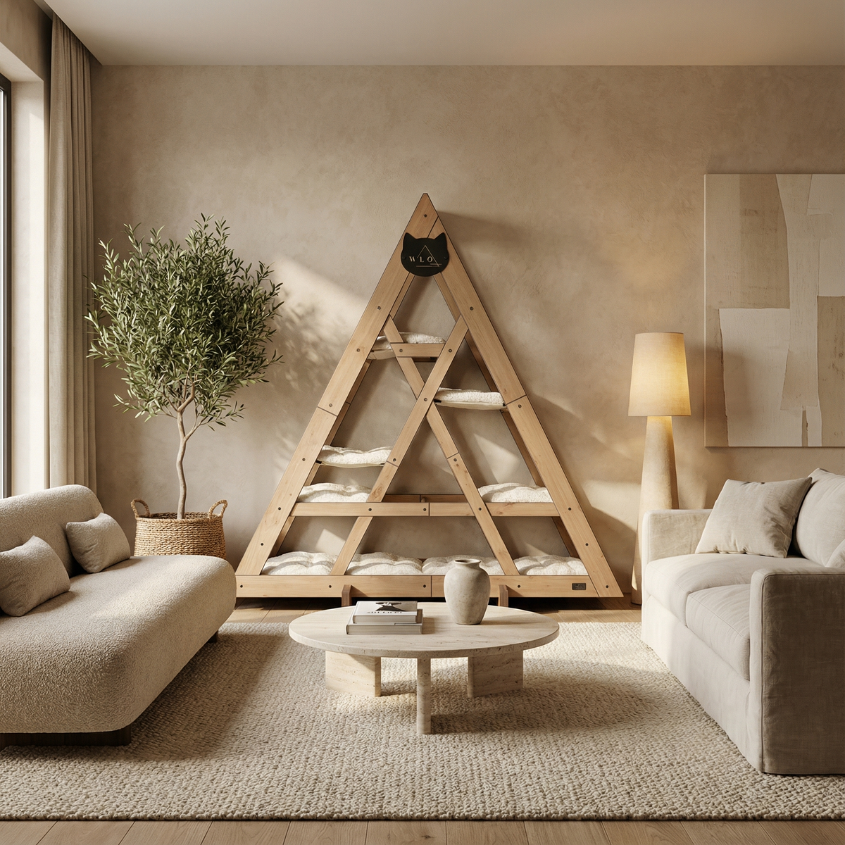 Modern living room with beige walls, wooden shelves, and a round coffee table.