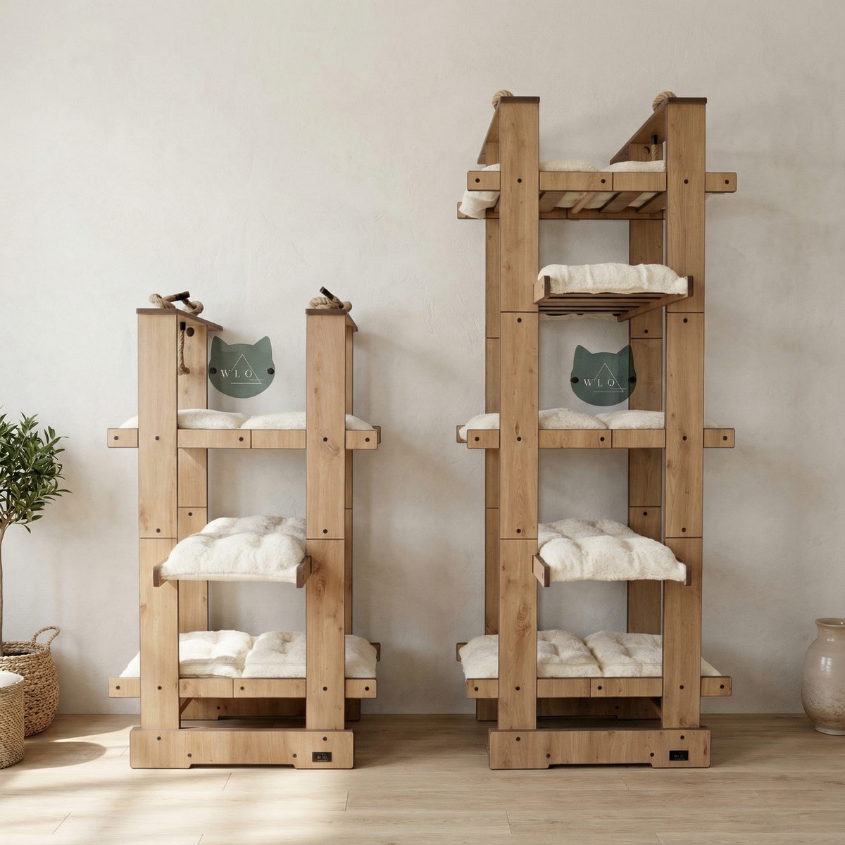 Two wooden pet beds with cushions on a neutral background