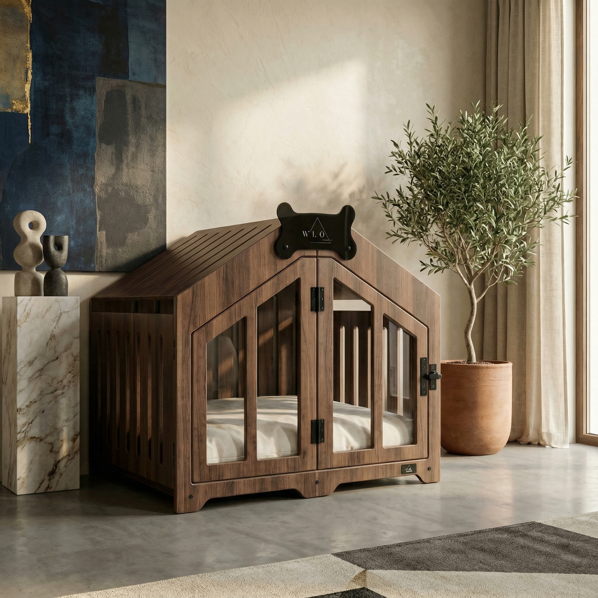 Wooden pet crate in a stylish room with decor elements