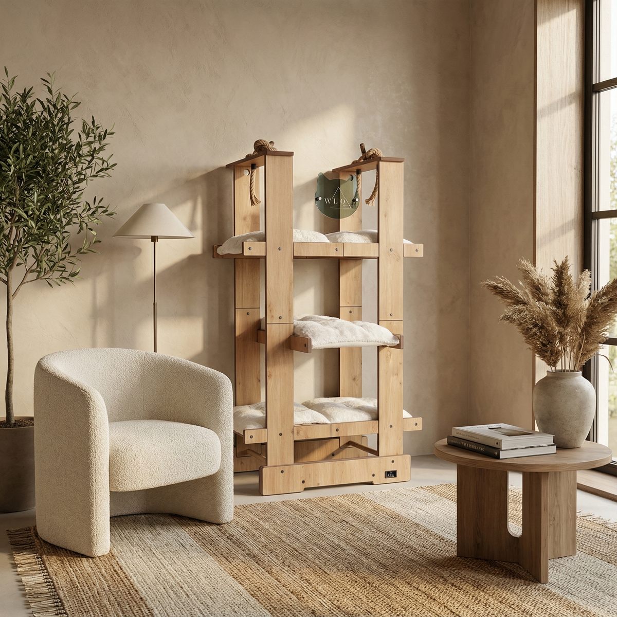 Modern living room with wooden shelves, beige armchair, and decorative items.