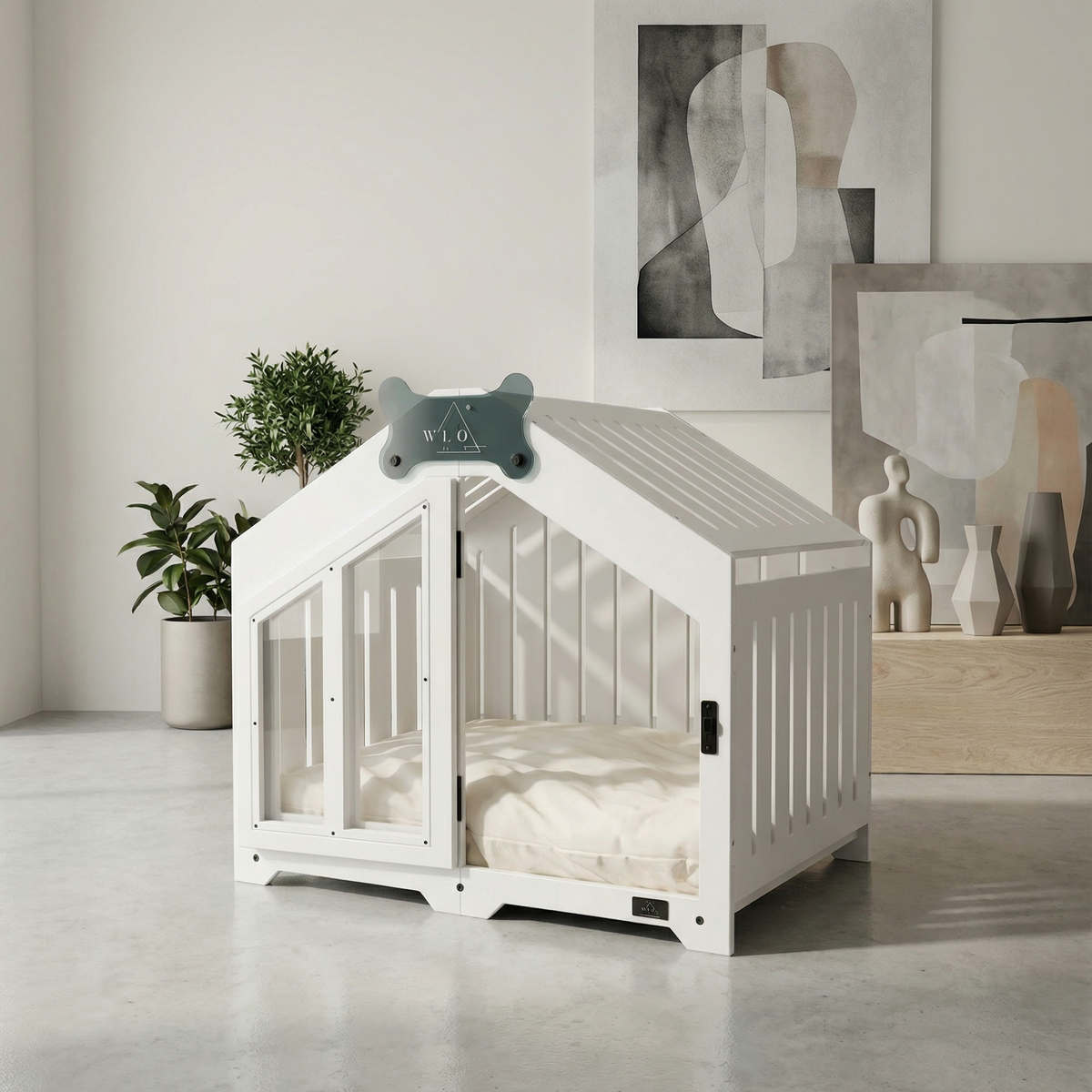 White pet crate with transparent sides in a room with abstract art and plants