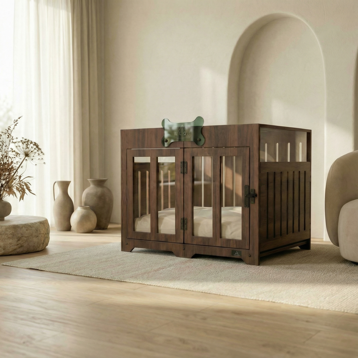 Wooden pet crate in a room with light wood flooring and neutral decor