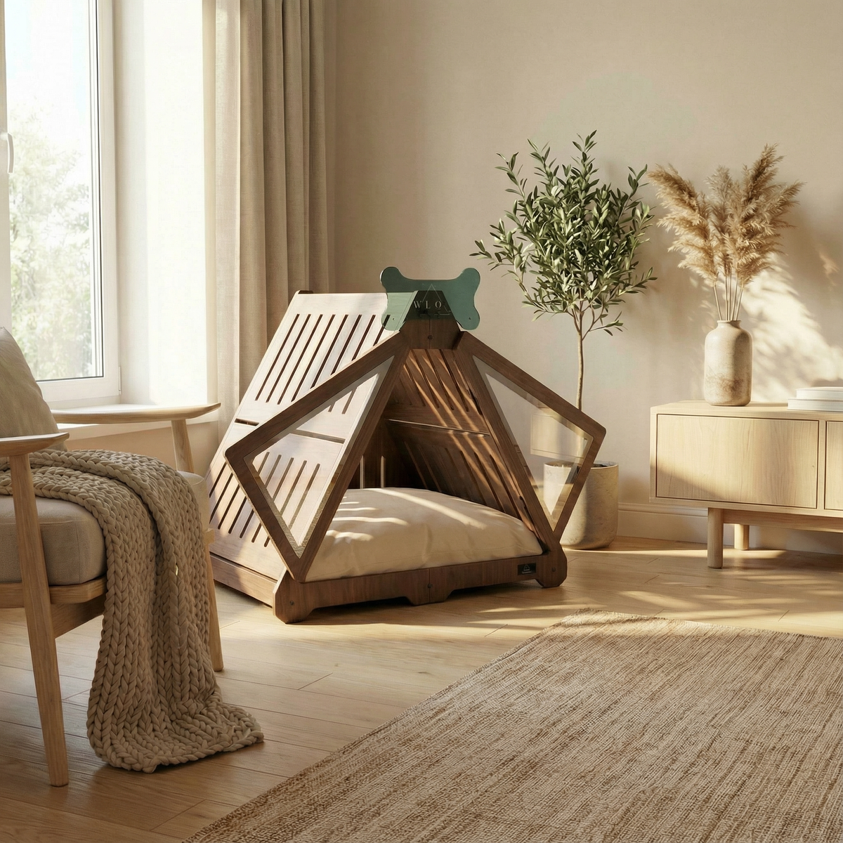Wooden pet teepee in a cozy living room with a plant and furniture.