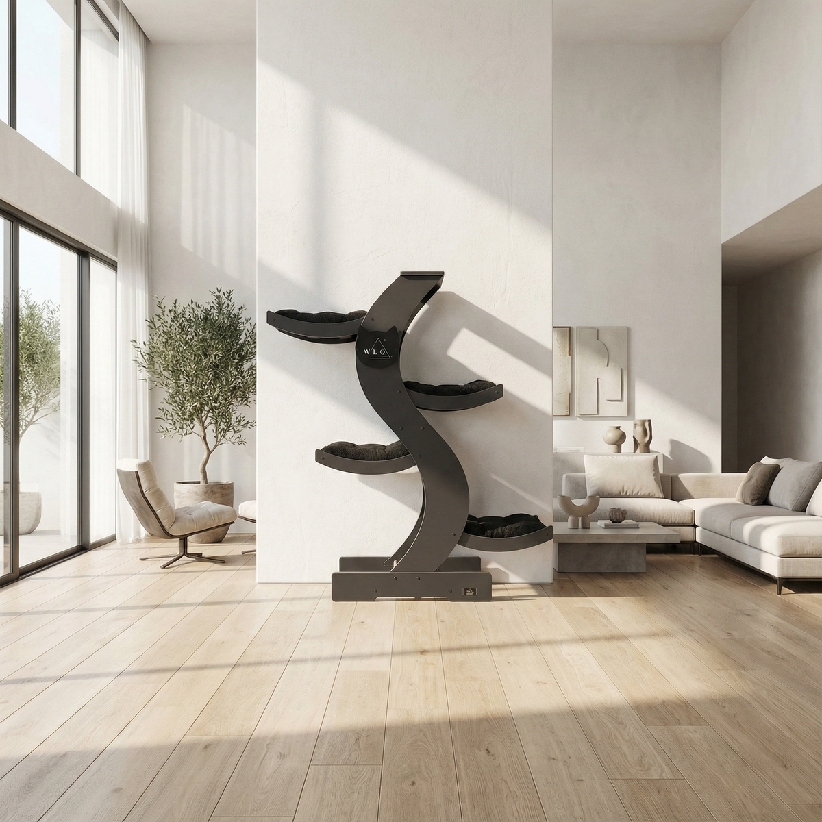 Modern living room with a black cat tree and a white sofa.