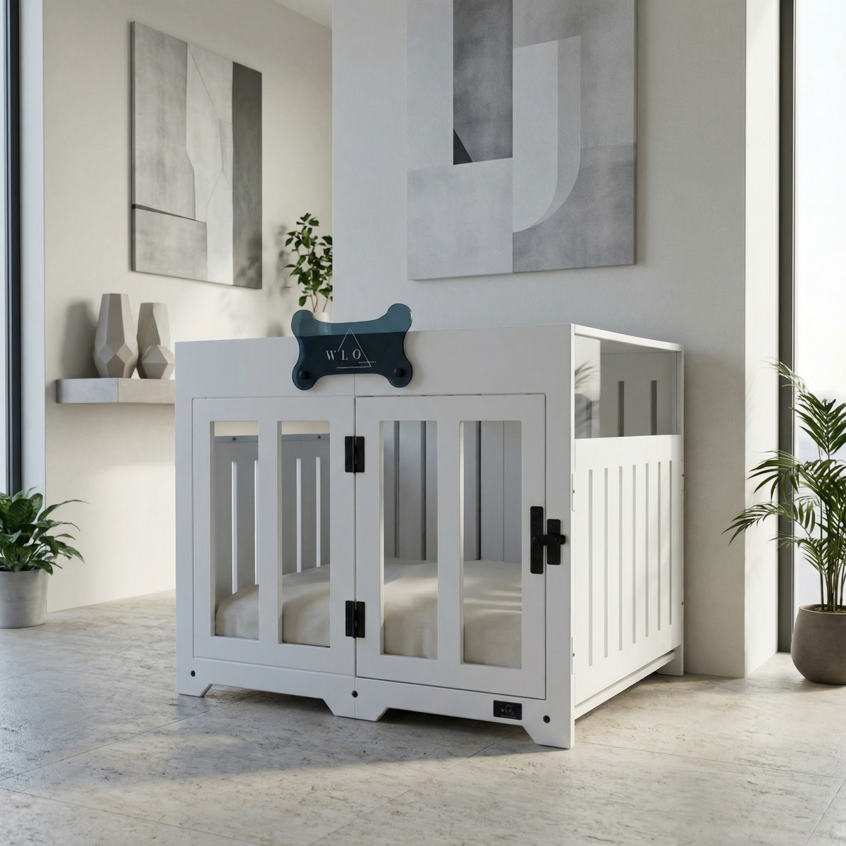 White pet crate in a modern living room with abstract art on the wall.