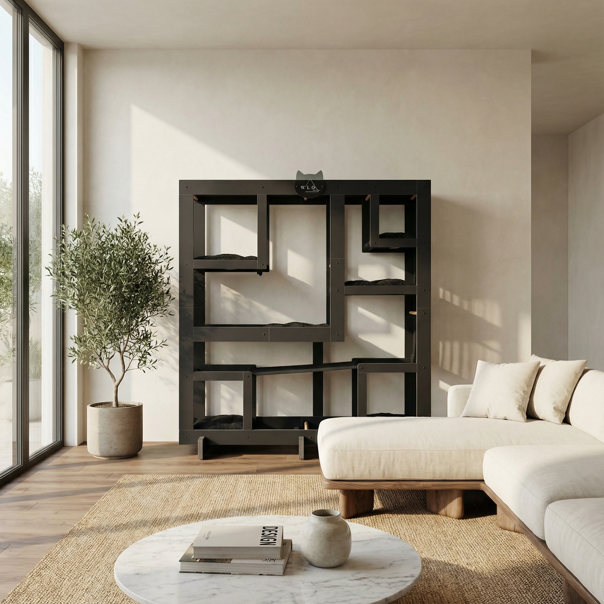 Modern living room with a black geometric shelf, white sofa, and marble coffee table.