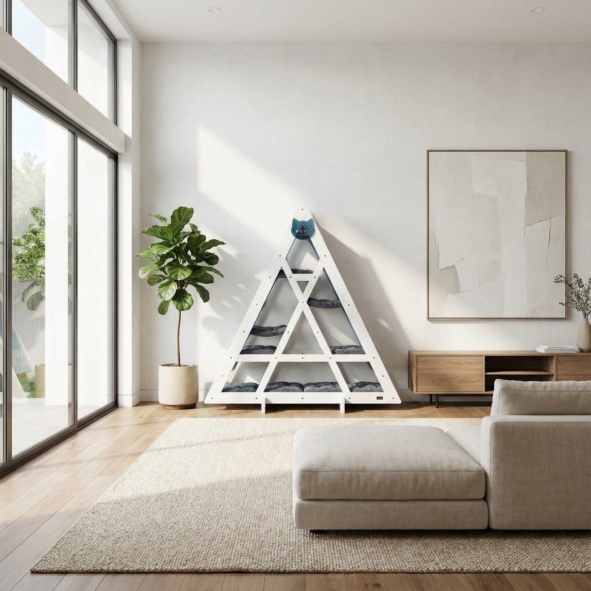 Modern living room with a white cat tree, plant, and sofa.