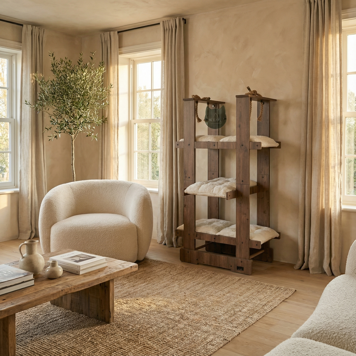 Nestled living room with a beige armchair, wooden coffee table, and a wooden shelf against a beige wall.